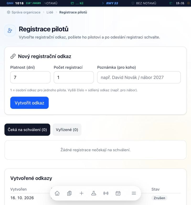 Vytvoření registračního odkazu a seznam žádostí