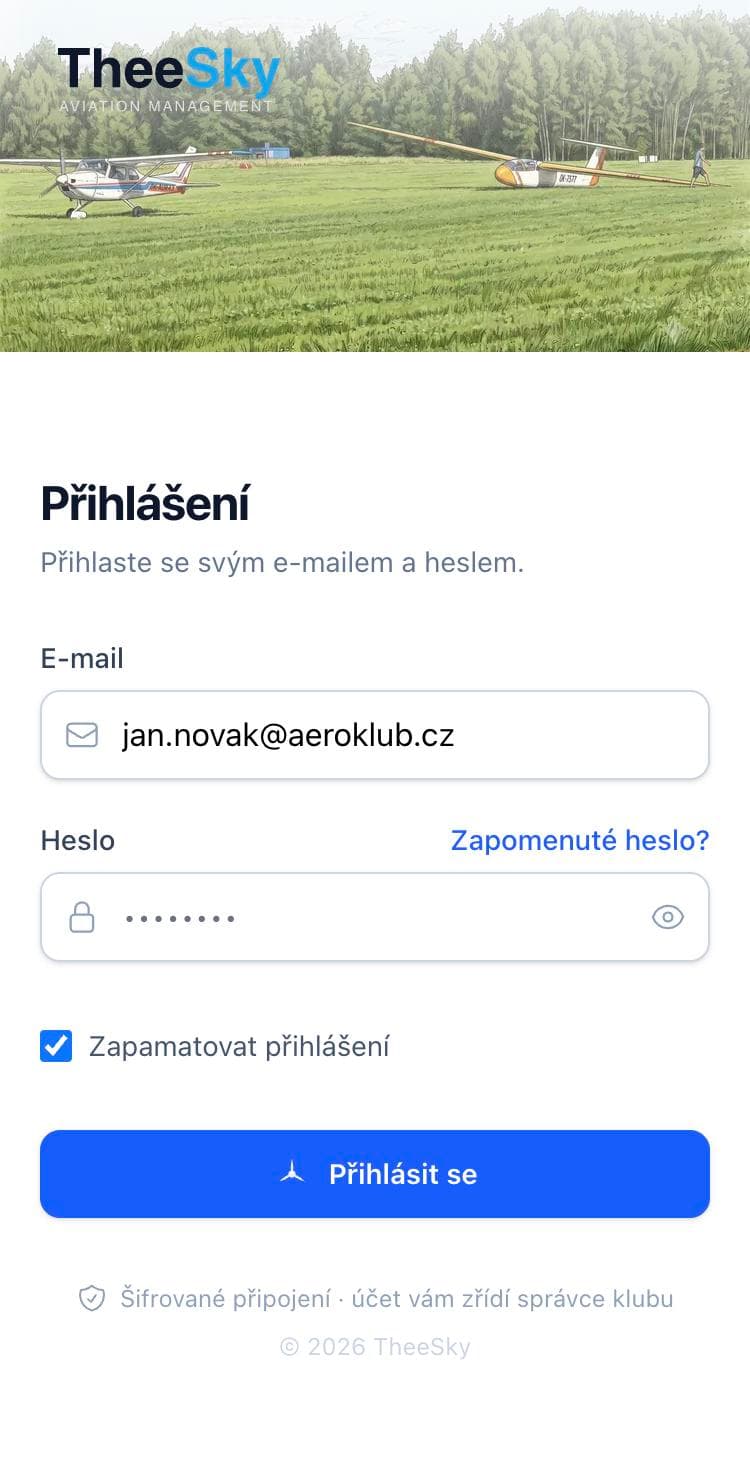 Přihlašovací obrazovka TheeSky na telefonu