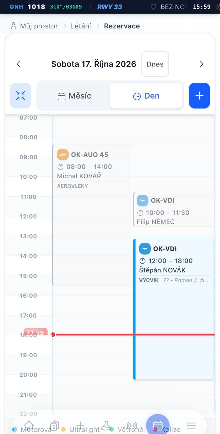 Denní rozvrh rezervací přes celý den