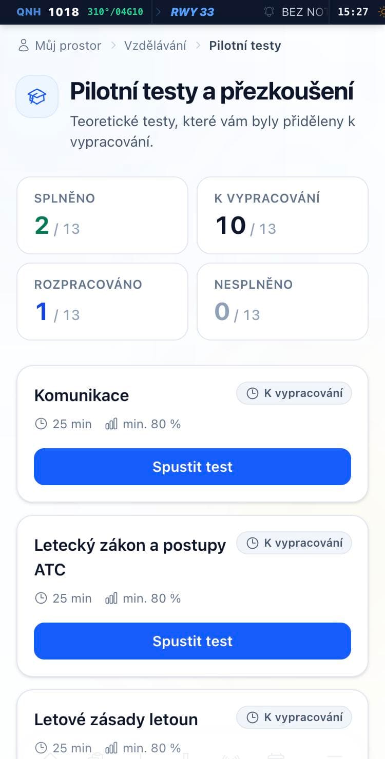 Přehled přidělených testů se stavy
