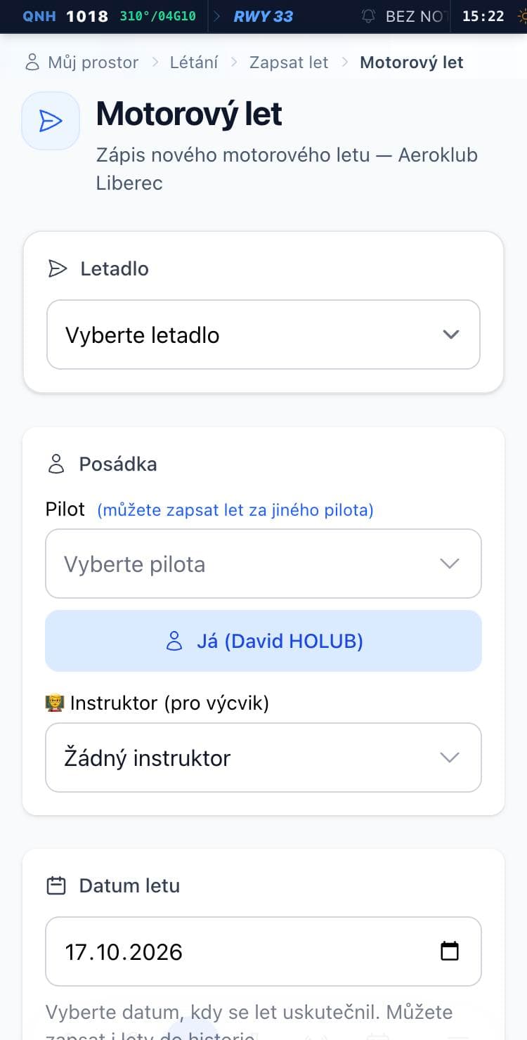 Zápis motorového letu v aplikaci