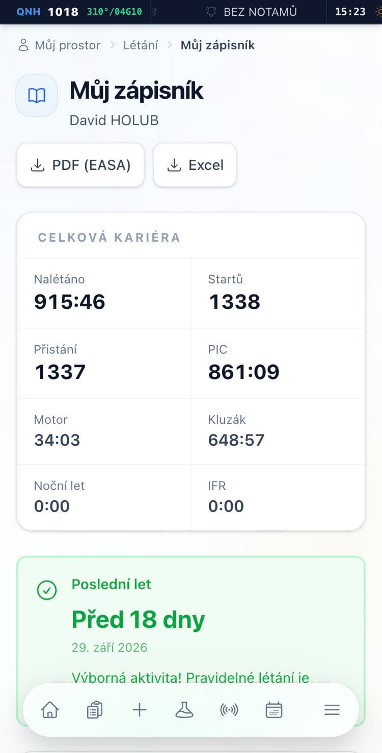 Zápisník s celkovou kariérou a posledním letem